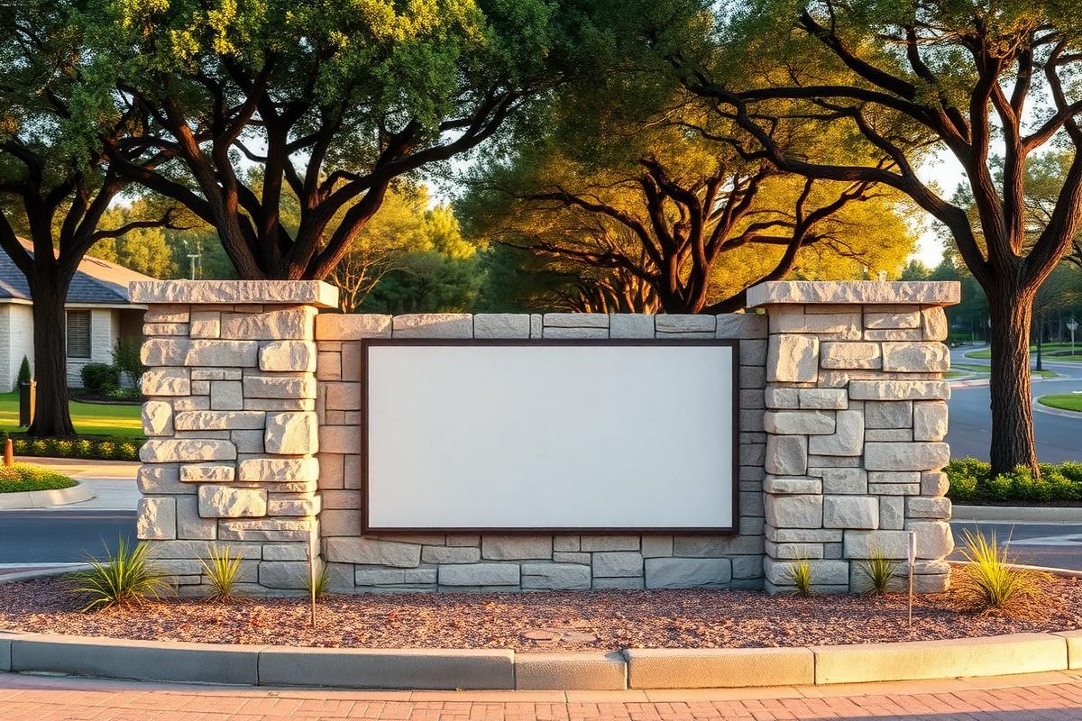Placeholder photo: landscaped stone entrance to the community